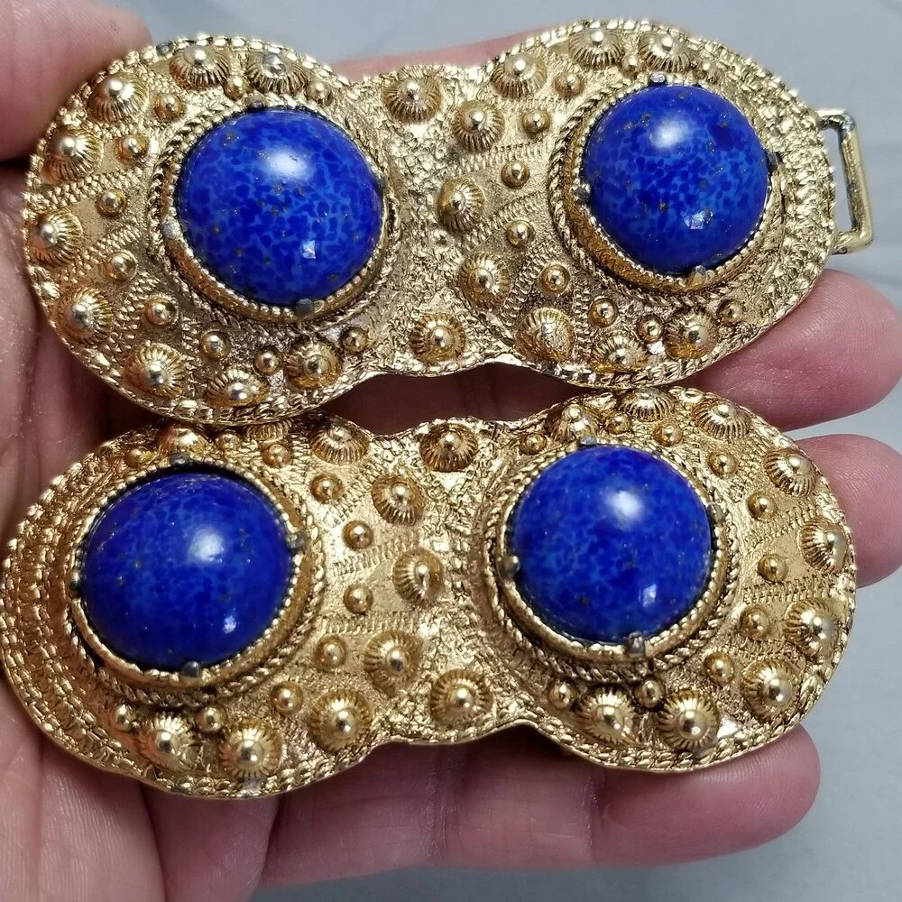 Two-Piece Belt Buckle By Flora Designer Women's Unisex Blue‎ Cabochon Agate